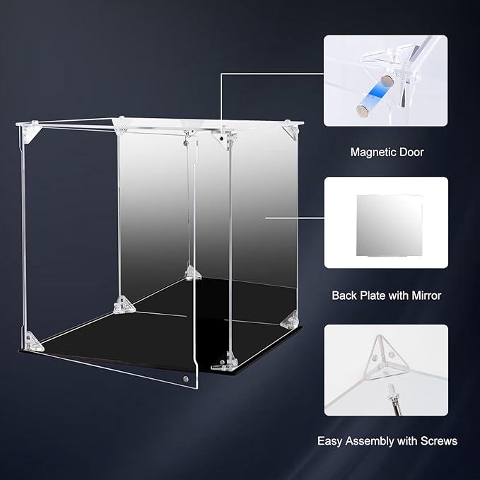Acrylic Display Case for Collectibles Assemble Clear Acrylic Display Box with Mirrored Back, Alternative Glass Case for Action Figures Lego Model Doll Toys Display (10x10x10 inch; 25x25x25 cm)
