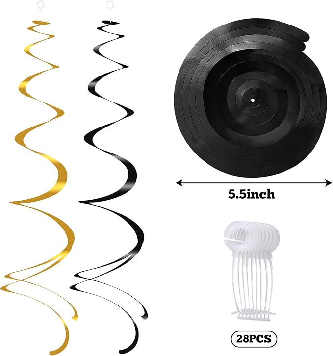Colorful Ceiling Swirl Foil Decorations Hanging Plastic Streamer Themed Swirl Party Decoration for Wedding New Years Day Graduation Celebration, Pack of 28 (Gold, Black)