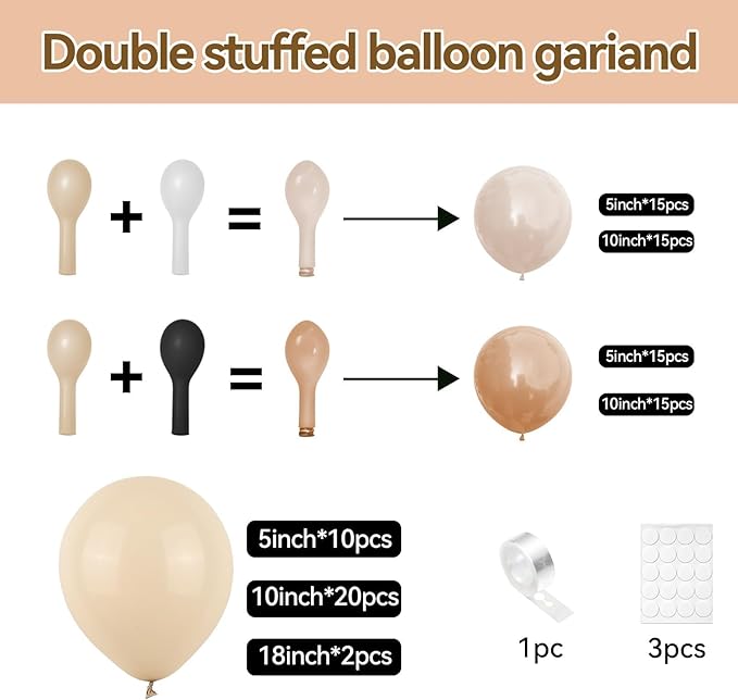 Netural Balloon Garland Arch Kit, Double Stuffed Beige Cream Tan Balloons Garland Blush White Sand Boho Balloon for Netural Baby Shower Gender Reveal Bridal Birthday Wedding Party Decorations
