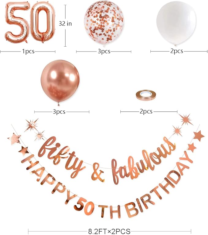 Rose Gold Fifty & Fabulous Happy 50th Birthday Banner Garland Foil Balloon 50 for Womens 50th Birthday Decorations Hanging 50 and Fabulous Cheers to 50 Years Old Birthday Party Supplies Backdrop