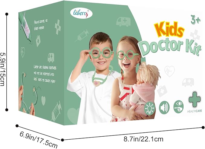 Liberry Doctor Kit for Toddlers 3 4 5 Years Old, 30-Piece Kid Doctor Toy with Stethoscope, Costume, Green Medical Pretend Play, Birthday Gift for Girls Boys