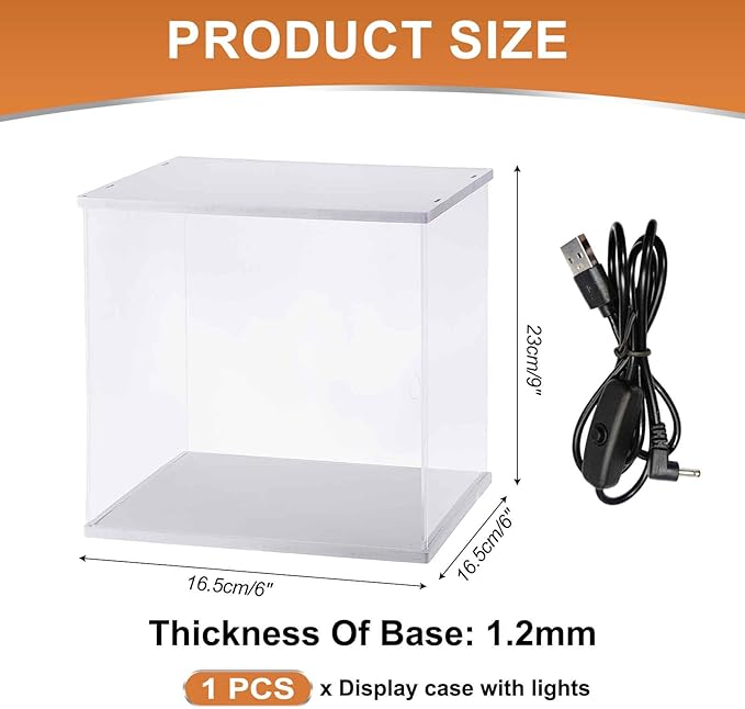 MECCANIXITY Clear Display Case, Acrylic Figure Display Case Clear Display Boxes for Collectibles, Figures Model Toys Home Storage(with Square LED Light, 6x6x8 Inch White Base)