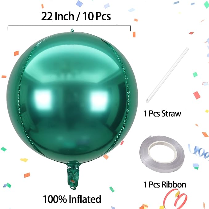 KALOR 10 Pcs 22 Inch Green Mylar Balloons, Large 4D Giant Round Foil Balloon Big Mirror Metallic Balloons for Birthday Party Baby Shower Gender Reveal Supplies