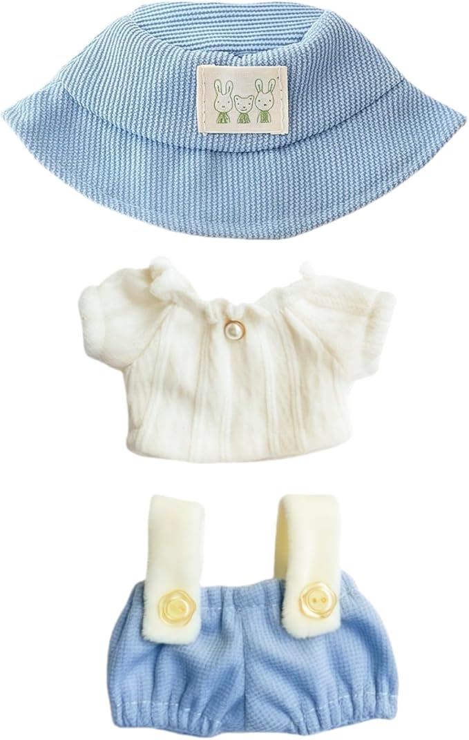 Clothes for Lu bubu 17cm Dolls Accessories(No Doll), Cute Outfit Set 3 Pieces Bib Pants Suitable for 17cm Doll Suit, Stylish Dress Up Overalls Doll Clothing Set Replacement with Hat Clothes Blue