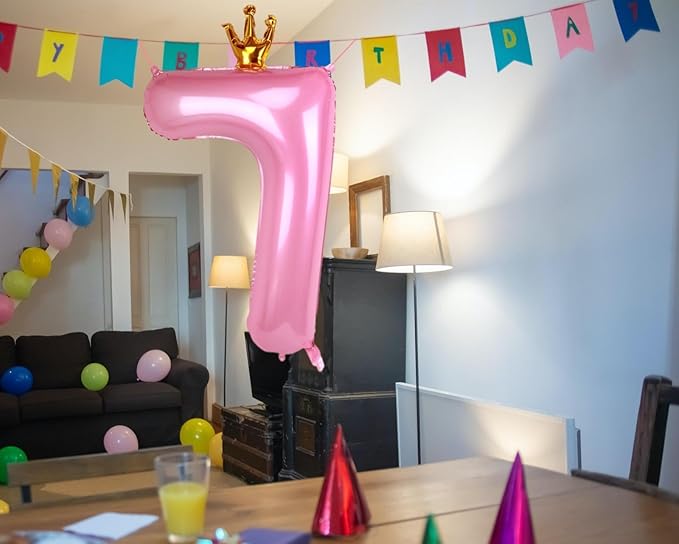 40 Inch Crown Pink Number 7 Balloon, Big Conjoined Baby Foil Mylar Helium 7 Balloon | Girls 7th Birthday Party Balloon Princess Theme Decorations Supplies Favors