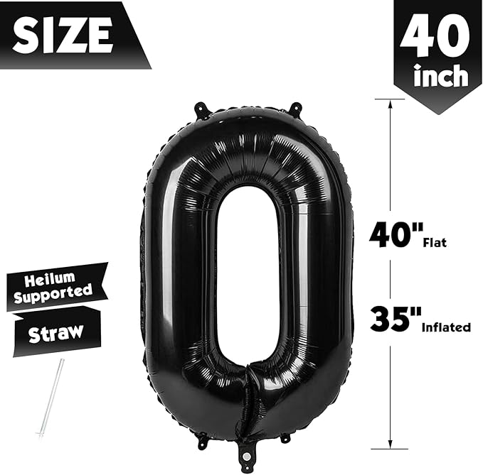 40 Inch Black Number 0 Balloon, Giant Number 0 Balloons for 10th 20th 30th 40th Birthday Decorations, Party Supplies for Baby Boy Girl, Black Party Decor