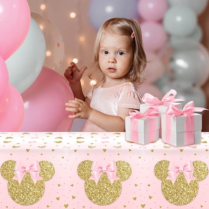 3 Pieces Pink Mouse Birthday Tablecover Gold Mouse Head Cartoon Plastic Party Tablecloth Disposable Table Decoration for Kids Girls