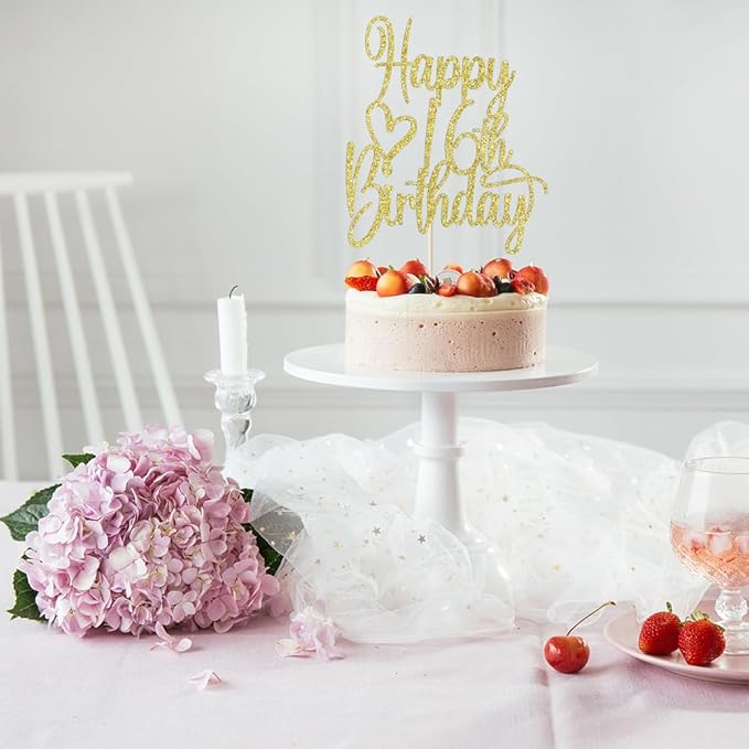Gold Glitter Happy 16th Birthday Cake Topper - Cheers to 16 Years Cake Topper, 16 & Fabulous Cake Decoration for Hello 16th Birthday Anniversary Party Cake Decorations Supplies