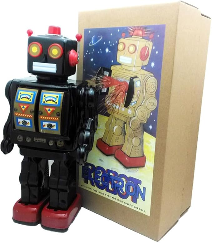 Charmgle Retro Tin Toys Walking Robot, Electric Rotating Desk Robot with Gun Fire Sound, Adult Collection Birthday Gifts Party Favor Handmade Robots Black