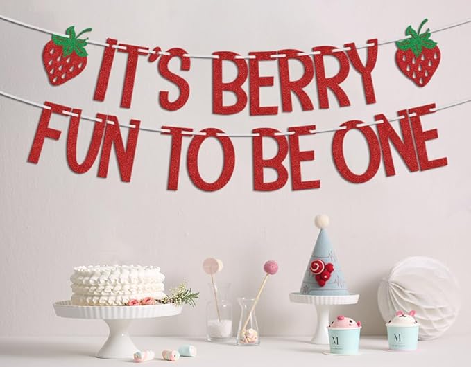 It's Berry Fun to be One Banner, Strawberry 1st Birthday Decorations, Berry Sweet Baby Shower Decoration, First Baby Girls One Year Old Birthday Party Supplies Red Green