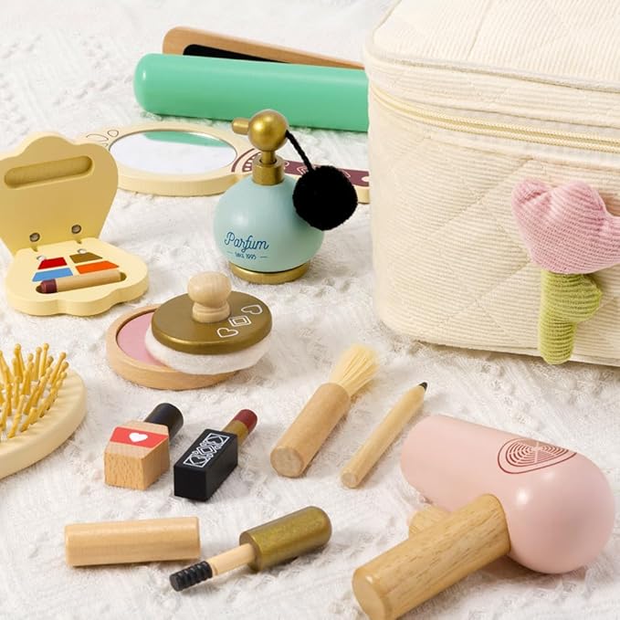 Atoylink Wooden Makeup Toy Set, 15Pcs Hair Salon Girl Toys Toddler Pretend Play Makeup Kit with Plush Makeup Bag Princess Beauty Realistic Accessories for Girls Age 3 4 5 6 Birthday Gifts