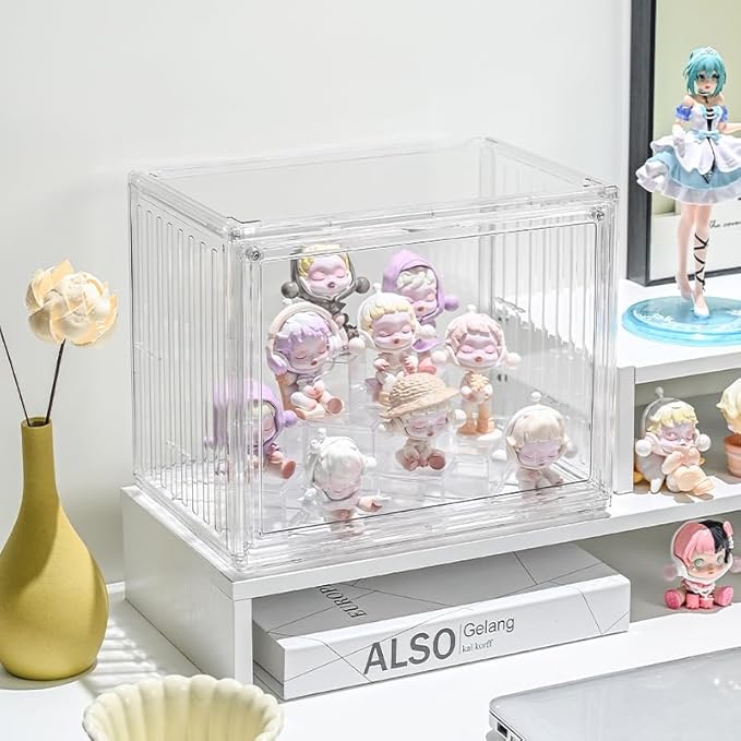 LED Lighted Display Case for Figures, Multi-Level Acrylic Display Box with Magnetic Door, Clear PET Organizer for Collectibles, Action Figures, Miniatures & Anime Desk Decor