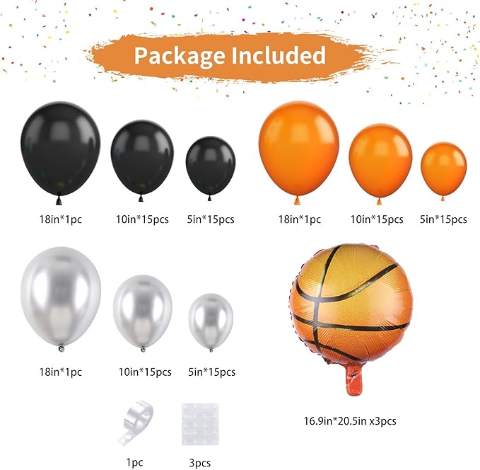 Basketball Balloons Garland Kit – Orange Black Silver Metallic Balloons with Basketball Foil Balloons for Sports Theme Birthday Party Decorations