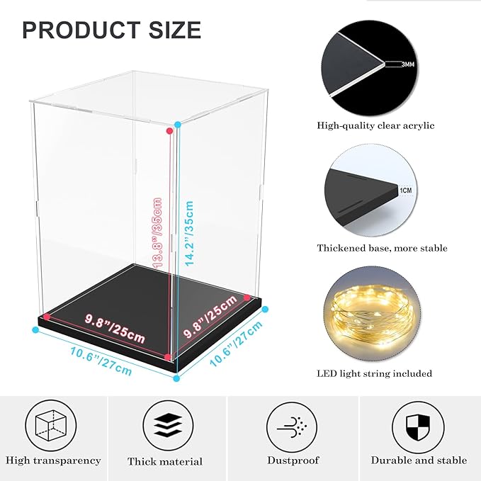 Nynelly Clear Acrylic Display Case for Collectibles, Acrylic Display Box with Base, Assemble Dustproof Protection Organizer Showcase, 9.8x9.8x13.8 inches