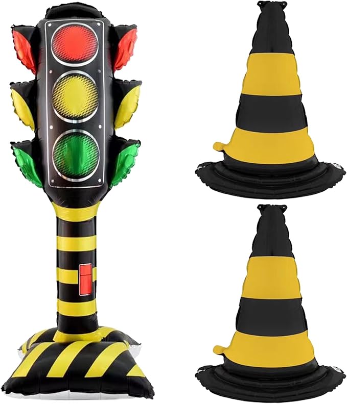 3Pcs 62Inch Self Standing Traffic light Balloons, Giant Racing Traffic Cones Mylar Balloon Racing Traffic Decoration for birthday boy Baby Shower race track Back to School party Decor Supplies