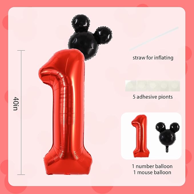Vuzvuv 40 Inch Mouse Number Balloon No.1, Black Mouse Head Balloon and Red Giant Giant Number One Balloon for Birthday, Mouse Theme Party Supplies, Baby Shower,Anniversary Decoration