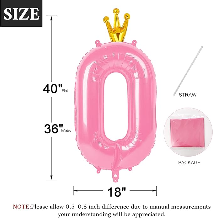 40 Inch Number Balloon 0-9(Zero-Nine) with Crown, Big Size Happy Birthday Balloon, Foil Helium Big Number Balloon for Birthday Party,Wedding, Anniversary (PINK 0)
