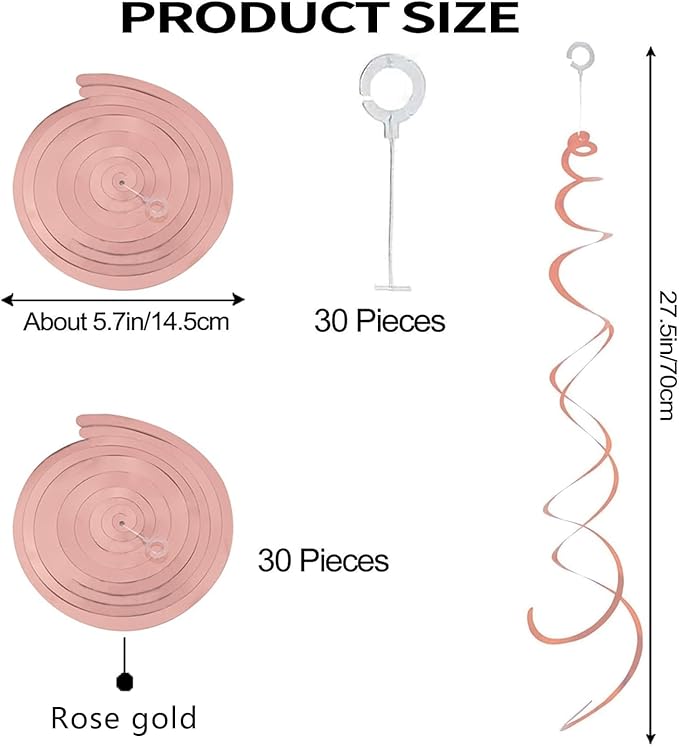 30 Pieces Hanging Swirl Party Decorations Foil Decorations Ceiling Swirl Spiral Hanging Plastic Streamer for Ceiling Birthday Graduation Wedding Celebration Baby Shower Party Supply (Rose Gold)