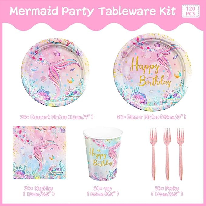 120Pcs Mermaid Birthday Party Plates Under the Sea Ocean Paper Disposable Tableware Set for Girls Kids Birthday Party Decorations Serve 24