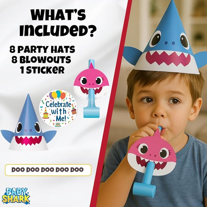 Unique Baby Shark - Party Hats, Blowouts & Sticker Bundle | Officially Licensed | 8 Hats, 8 Blowouts & 1 Sticker Sheet | Birthday Party Supplies Set | Baby Shark Decorations & Favors for Boys & Girls