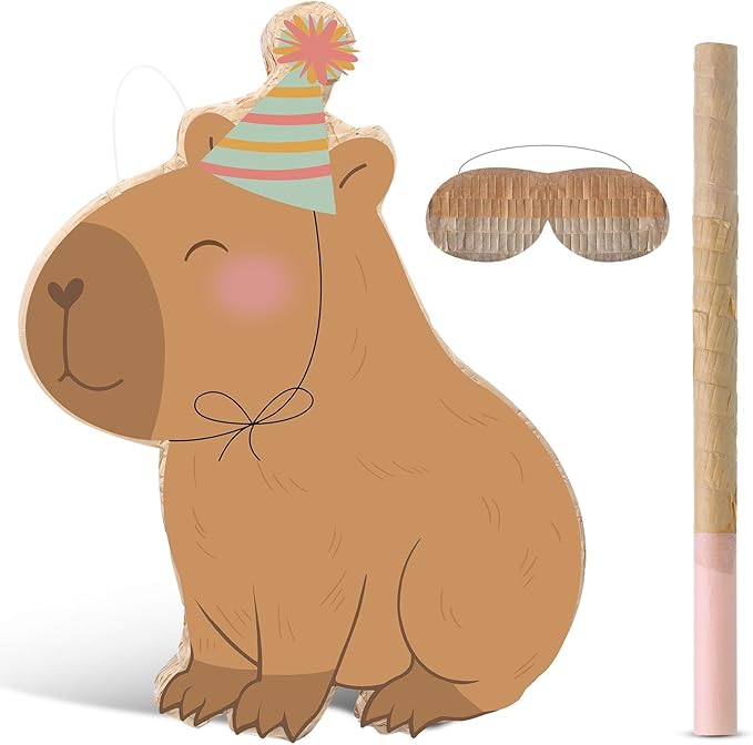Aoriher Capybara Piñata with Stick Blindfold & Confetti - Birthday Party Favors Decorations for Animal Theme Party Supplies Toys Outdoor Games, 15 x 13 x 3.2 Inch