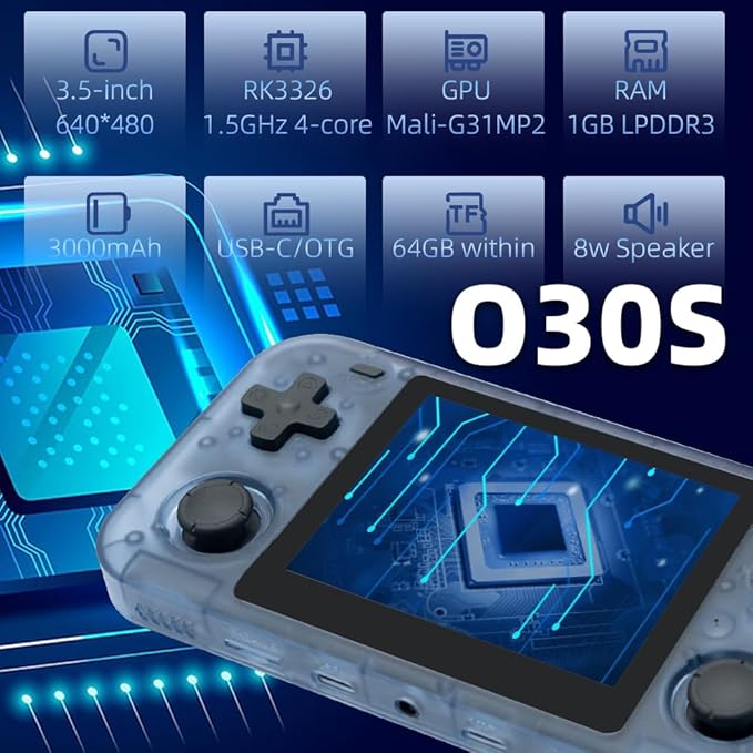 O30S Handheld Game Console 3.5-in 640*480 IPS OCA Screen 3000mAh Linux-opensource RK3326 o30s with Portable Case Transparent Blue