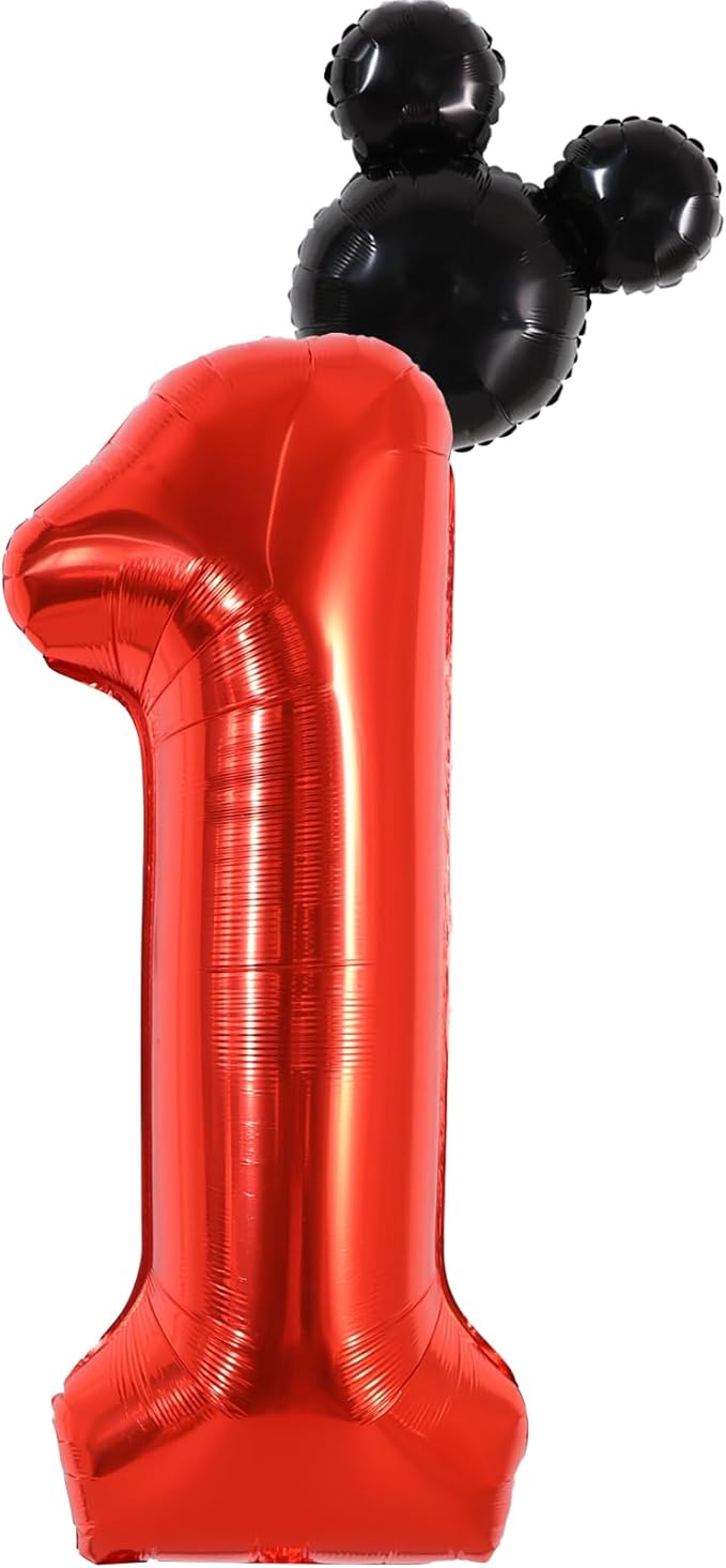 Vuzvuv 40 Inch Mouse Number Balloon No.1, Black Mouse Head Balloon and Red Giant Giant Number One Balloon for Birthday, Mouse Theme Party Supplies, Baby Shower,Anniversary Decoration