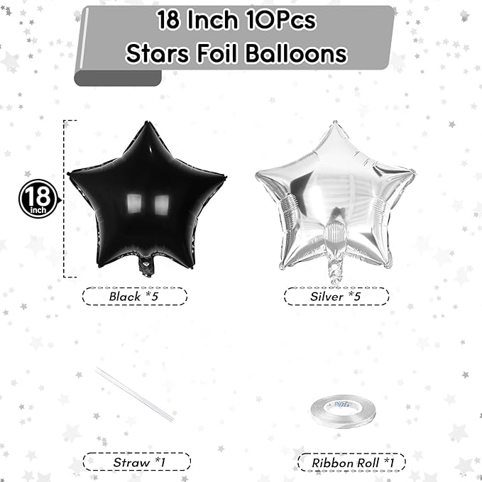 Black Silver Star Foil Balloons, 18 Inch Large Black and Metallic Silver Stars Shape Aluminum Foil Helium Balloon 10 Pcs Pentagram Balloons Party Decor for Birthday Graduation Retirement New Year