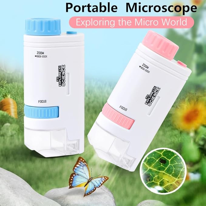 Microscope Pocket Handheld Miniscope 80X-200X Portable Microscope with LED Light for Learning Education Exploring (Pink)