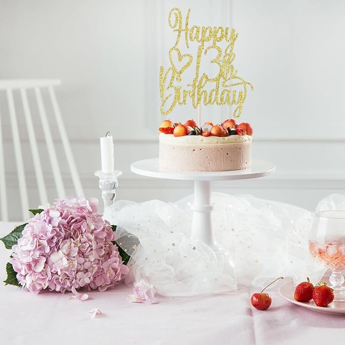 Gold Glitter Happy 13th Birthday Cake Topper - Cheers to 13 Years Cake Topper, 13 & Fabulous Cake Decoration for Hello 13th Birthday Anniversary Party Cake Decorations Supplies