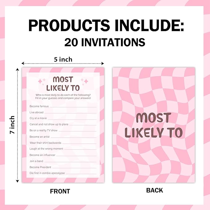 Birthday Party Games Card - Most Likely to, Bday Party Games for Teen Girl Adult, Set of 20 pcs Game Cards, Birthday Party Favor Activity Sleepover Party Decor Supplies - FS272