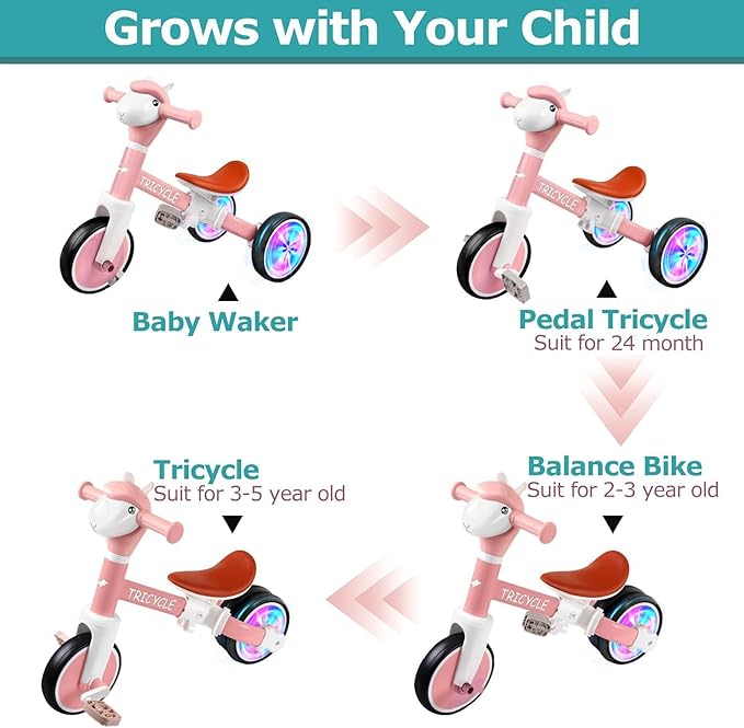 Toddler Balance Bike for Boys Girls, Tricycle for Toddlers 1-5 Year Olds, Toddler Tricycle with Light & Music Front, Kids Bicycle with Removable Pedal, Birthday Gifts for Kids (Flash Wheel Pink)