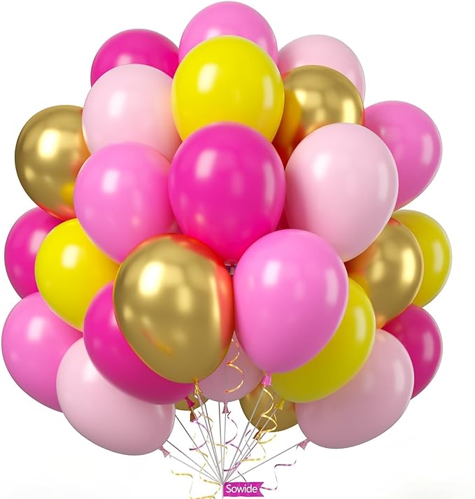 Yellow Pink Balloon, 60 Pcs 12 Inches Hot Pink Metallic Gold Balloons for Girls Peach Birthday Party Decorations Birthday Balloons Baby Shower Engagement Party Supplies