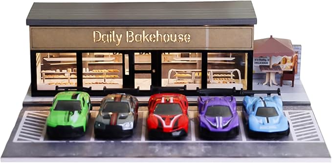 1/64 Model Car Display Shop Case for Adults, Premium in-House-Design Scale Diecast Parking Garage for Toy Cars, Toys Car Garage, Scenic Diorama Display Car Park with ith LED Lamps, Gifts for Men