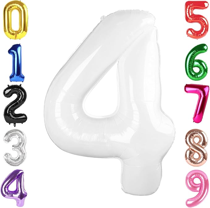 40 Inch White Number 4 Balloon, Giant 4 Number Balloons for 4th Birthday Decorations, Party Supplies for Baby Boy Girl, White Party Decor