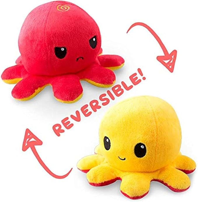 TeeTurtle Reversible Octopus Plushie 4-Inch Red + Yellow Two-Sided Flip Plush Toy with Embroidered Details - Cute Mini Collectible Plush for Kids, Teens, and Adults