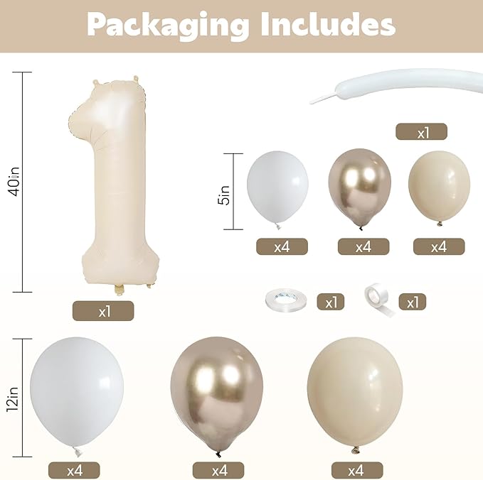 40 Inch Cream Number 1 Balloon for 1st Birthday Decorations Beige White Sand Number One Foil Balloon Tower Giant Large Nude Neutral Digit Helium Balloons Stack for Girls First Anniversary Party
