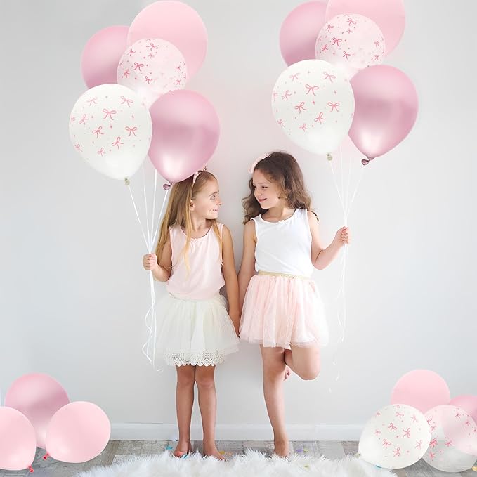 112Pcs Pink Bow Birthday Decorations Balloons Table Cloth Set for Party, 100PCS 12" Pastel Light Pink Bow Print Coquette Balloon, 4PCS 38" Giant Pink Bow Balloons, 3PCS Decor Tablecloths Girls Women