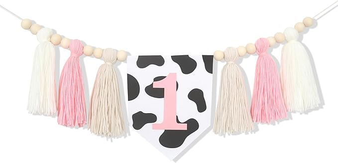 Holy Cow 1st Tassels Banner Birthday Decorations Girl - First Highchair Tassels Banner, High Chair Wood Beads Garland Party Supplies, Pink Black White, Photo Props, Handmade
