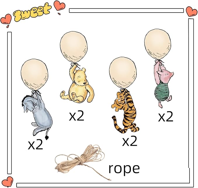8 PCS Classic Balloons Pooh Banner for Baby Shower Cute Winnie Hanging Decorations First Birthday Banners Newborn Party Supplies
