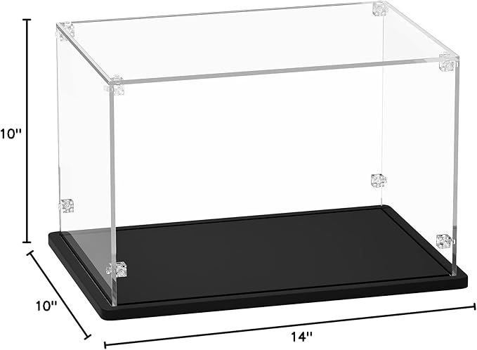Acrylic Display Case 14x10x10 Inch - 3mm Thick Acrylic Display Box with Black Wooden Base, Assemble Dustproof Showcase Clear Display Case for Collectibles Figures Doll Toys Models