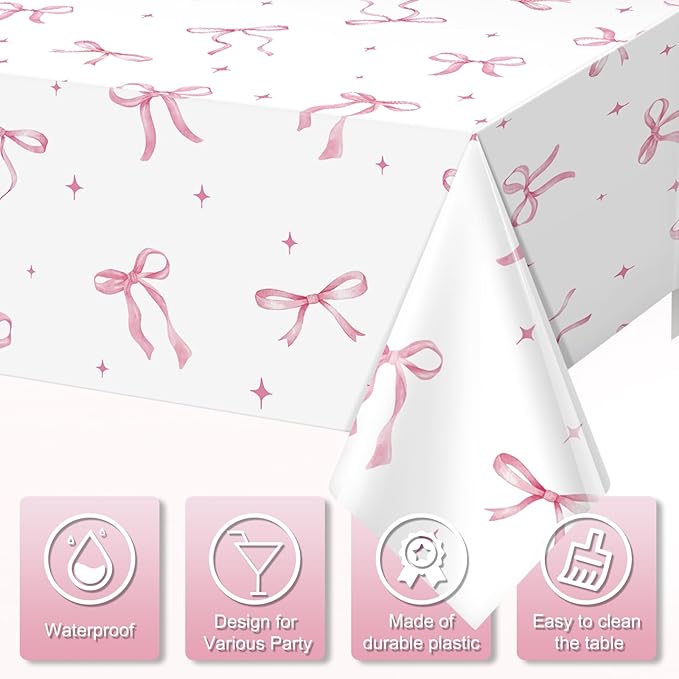 3Pcs Coquette Party Tablecloths Decorations,Pink Bow Plastic Table Cover Disposable Rectangle Table Cloth for Girls Birthday Bridal Wedding Party Supplies,54x108 Inch