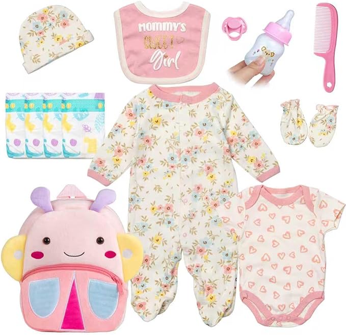 13 Pcs Reborn Baby Doll Clothes Pink Flower for 18-22 Inch Reborn Newborn Dolls Clothes Accessories Lovely Backpack Diapers Sets