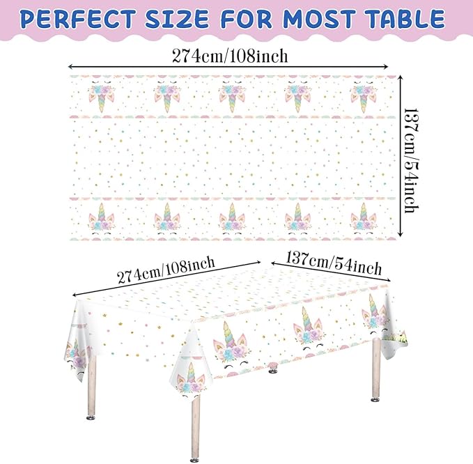 3PCS Unicorns Tablecloths for Birthday Decoration, Plastic Disposable Rectangle Table Covers for Kids Girls Baby Shower Party Supplies, 54" x 108"