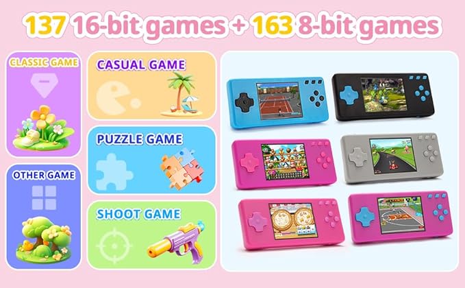 Handheld Game Console,Portable Video Game Console with Retro Games,3.2" Screen,Rechargeable Battery,Built-in Headphones and Built-in Bow Ultimate Kid Christmas Birthday Gift for Kids (Purple + Blue)
