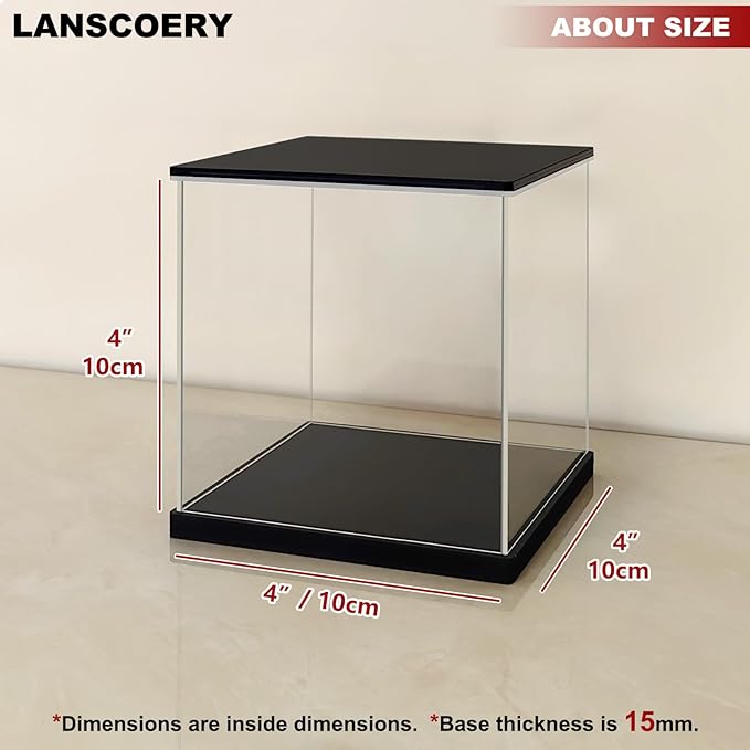 LANSCOERY Small Acrylic Display Case with Adjustable Yellow/White/Warm LED Light, UV Protection Clear Display Box, Dustproof Showcase for Action Figures, Models, Collectibles - 4x4x4inch