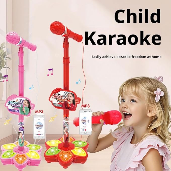 Adjustable Kids Karaoke Microphone with Stand, Extends up to 39.4” Height, Detachable Handheld Mic with LED Light Base & Type-C Adapter, Compatible with Android/iOS/PC for Singing & Parties