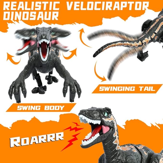 Remote Control Dinosaur Toys for Kid - Walking Dinosaur Toys for Boys 5-7，RC Jurassic Velociraptor Toys 8-12，Robot 3-5 with Light Sounds Birthday Gift Toy for Boys Age 3+ Rechargeable Black
