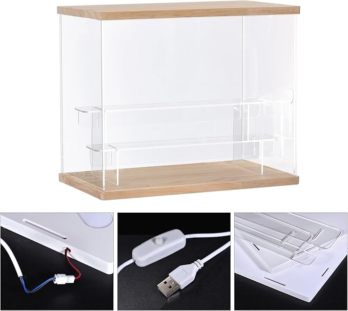 MECCANIXITY Clear Acrylic Display Case with LED Light 2 Tier Dustproof Showcase Assemble Cube Display Boxes Stand for Collectibles, Action Figures (12.6x7.09x10.43) Wood