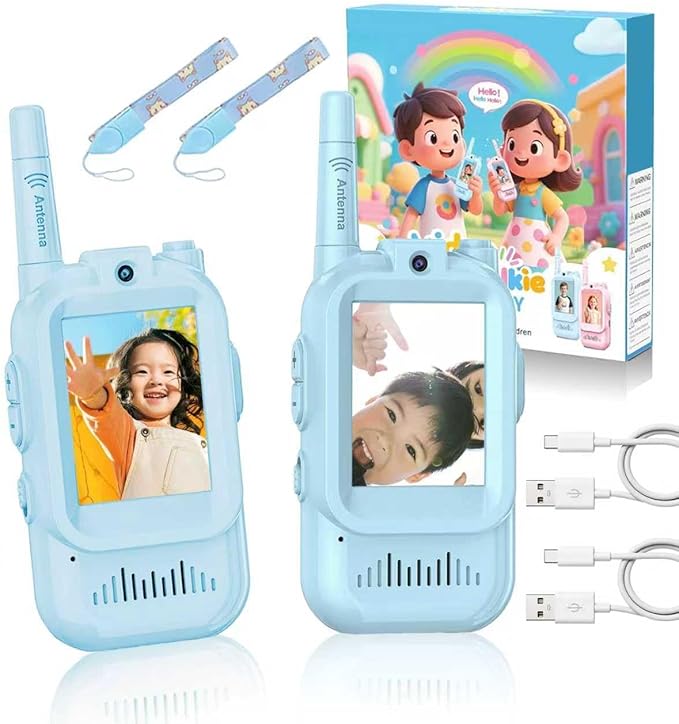 Video Walkie Talkies for Kids, 2 Pack, 400meter Long Range Rechargeable，Voice Changer ，HDCamera, for Outdoor Backyard Camping Games, Toy Gift for Boys Girls Ages 3-10，Pink+Blue（Blue+Blue）